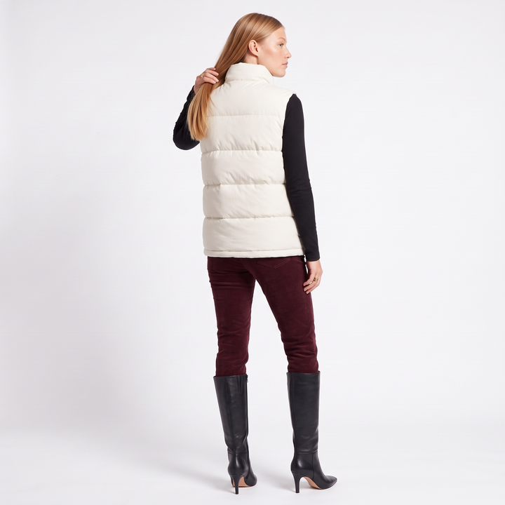 Women's Quilted Funnel Neck Gilet, Ecru Sleeveless Puffer, back view