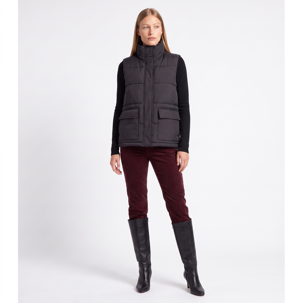 Women's Quilted Funnel Neck Gilet, Ecru Sleeveless Puffer, black, colour view
