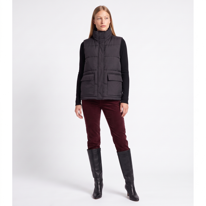 Women's Quilted Funnel Neck Gilet, Ecru Sleeveless Puffer — Black