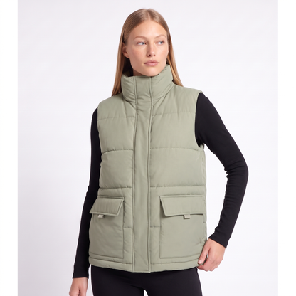 Women's Quilted Funnel Neck Gilet, Ecru Sleeveless Puffer, light green, colour view