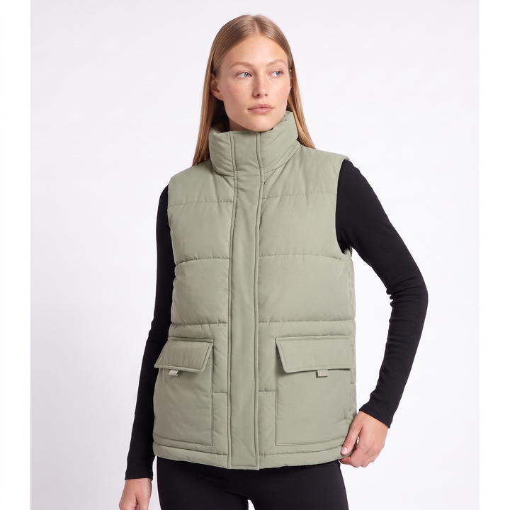Women's Quilted Funnel Neck Gilet, Ecru Sleeveless Puffer — Light Green