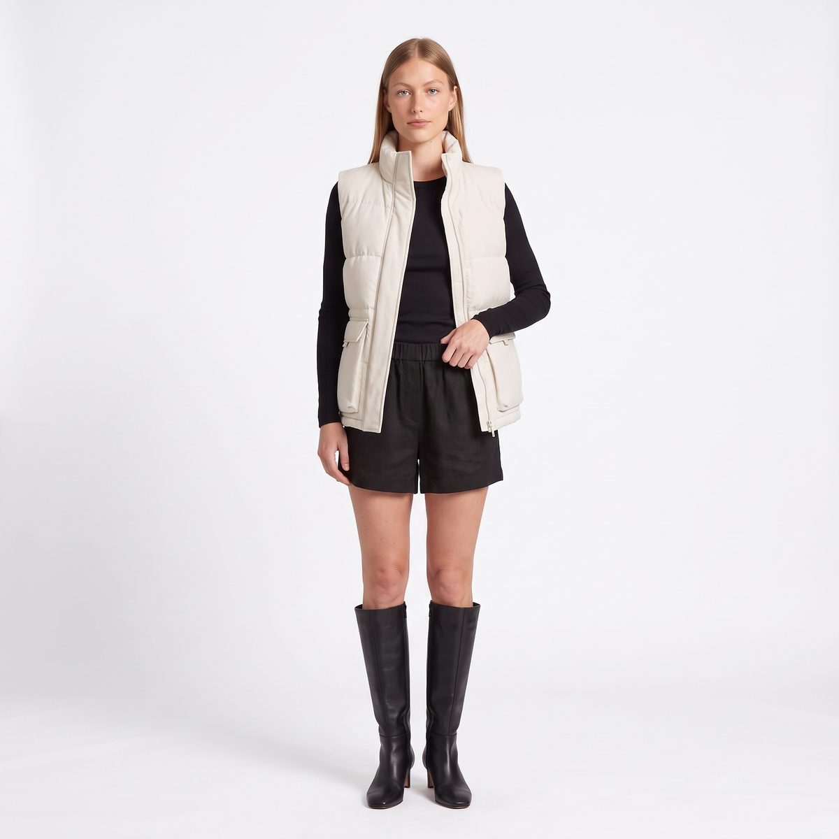Women's Quilted Funnel Neck Gilet, Ecru Sleeveless Puffer, front view