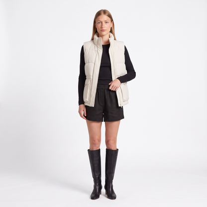 Women's Quilted Funnel Neck Gilet, Ecru Sleeveless Puffer, front view