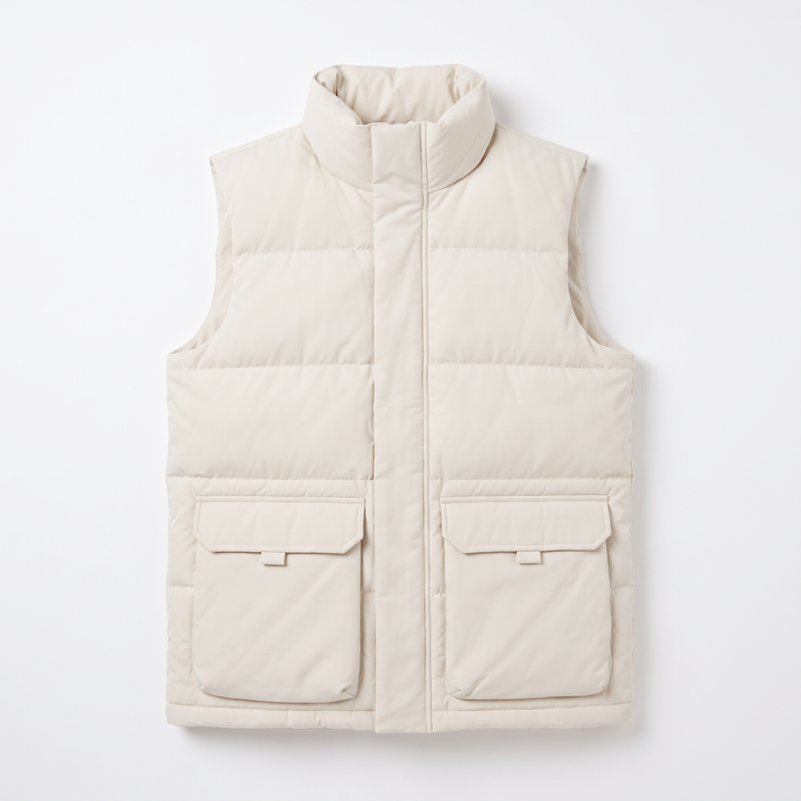 Women's Quilted Funnel Neck Gilet, Ecru Sleeveless Puffer, flatlay view