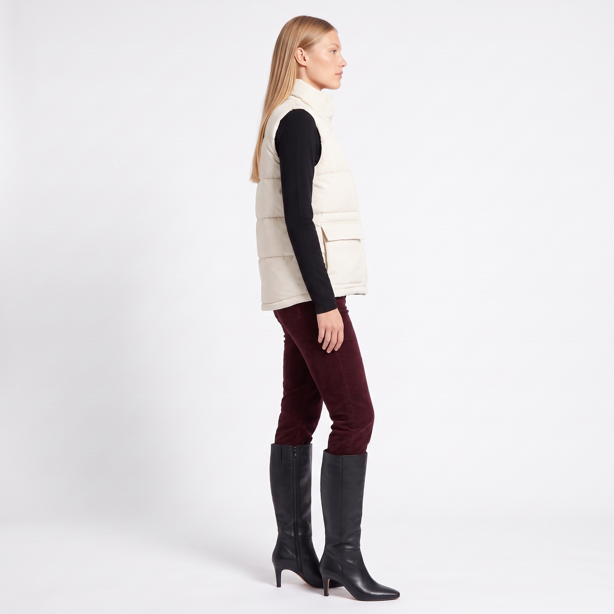 Women's Quilted Funnel Neck Gilet, Ecru Sleeveless Puffer, side view