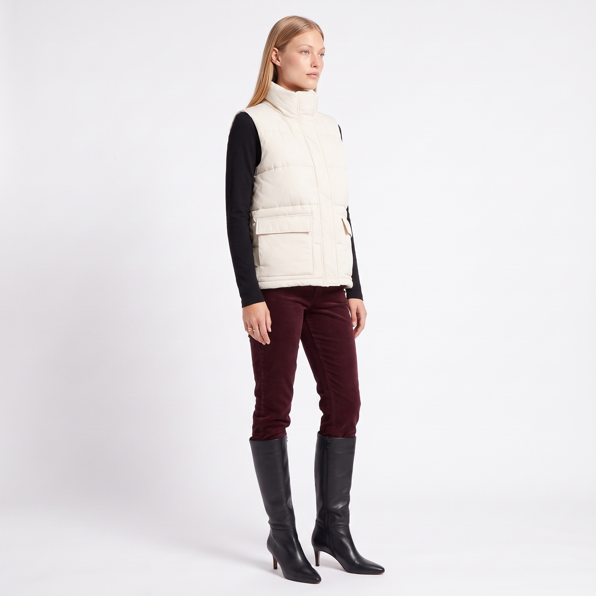 Women's Quilted Funnel Neck Gilet, Ecru Sleeveless Puffer, three quarter view