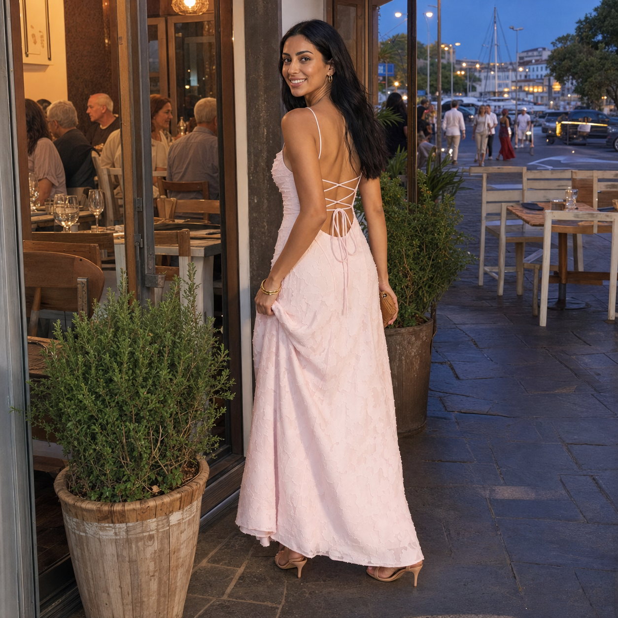 3D Floral Appliqué Lace-Up Back Maxi Dress – Wedding Guest Formal Dress — lifestyle photo