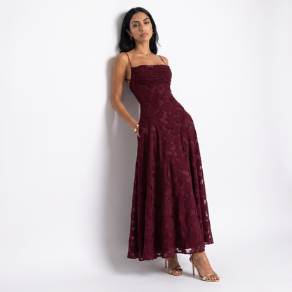Sunoire aroven blush pink floral ruched maxi dress colorway burgundy front hero 01