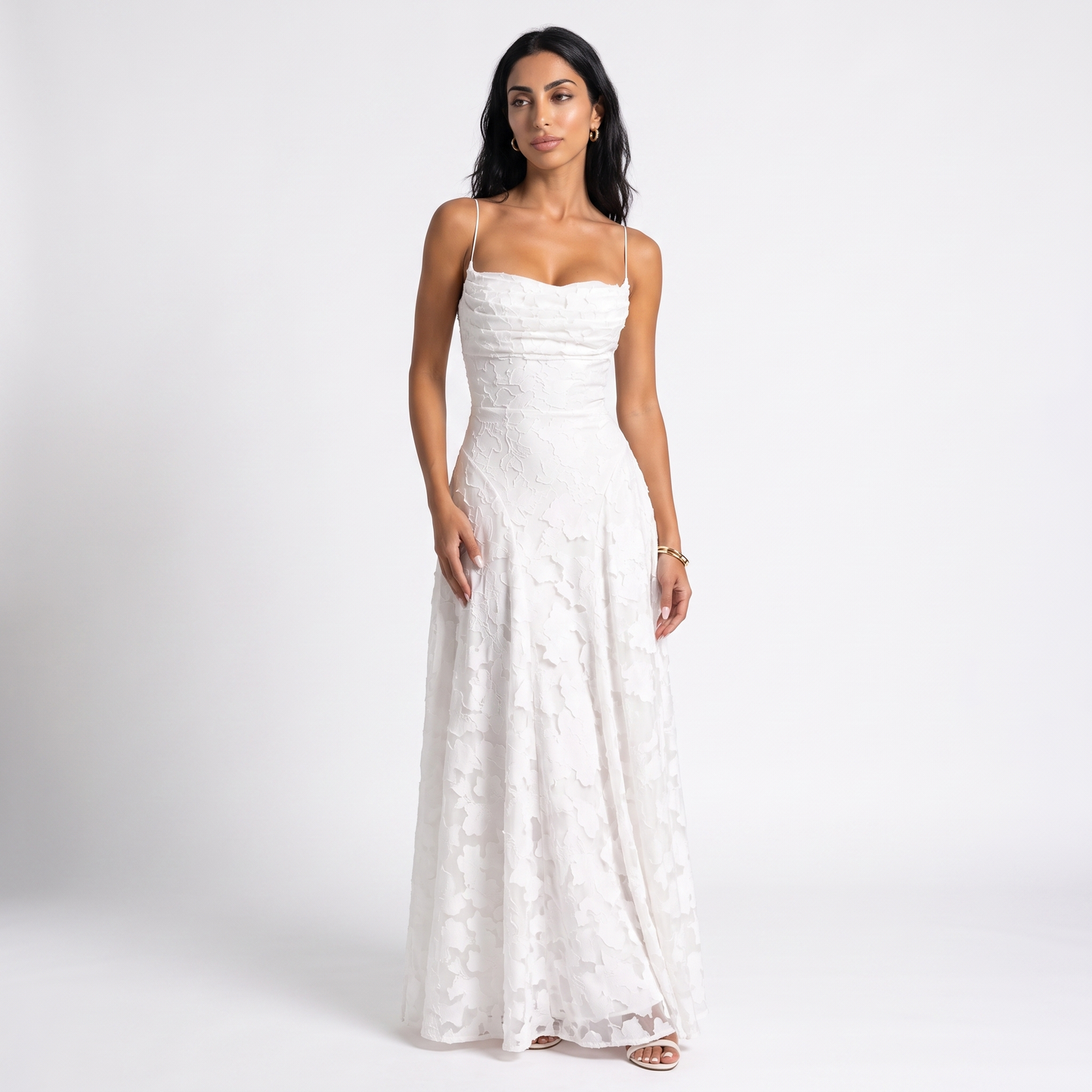 Sunoire aroven blush pink floral ruched maxi dress colorway white front hero 01