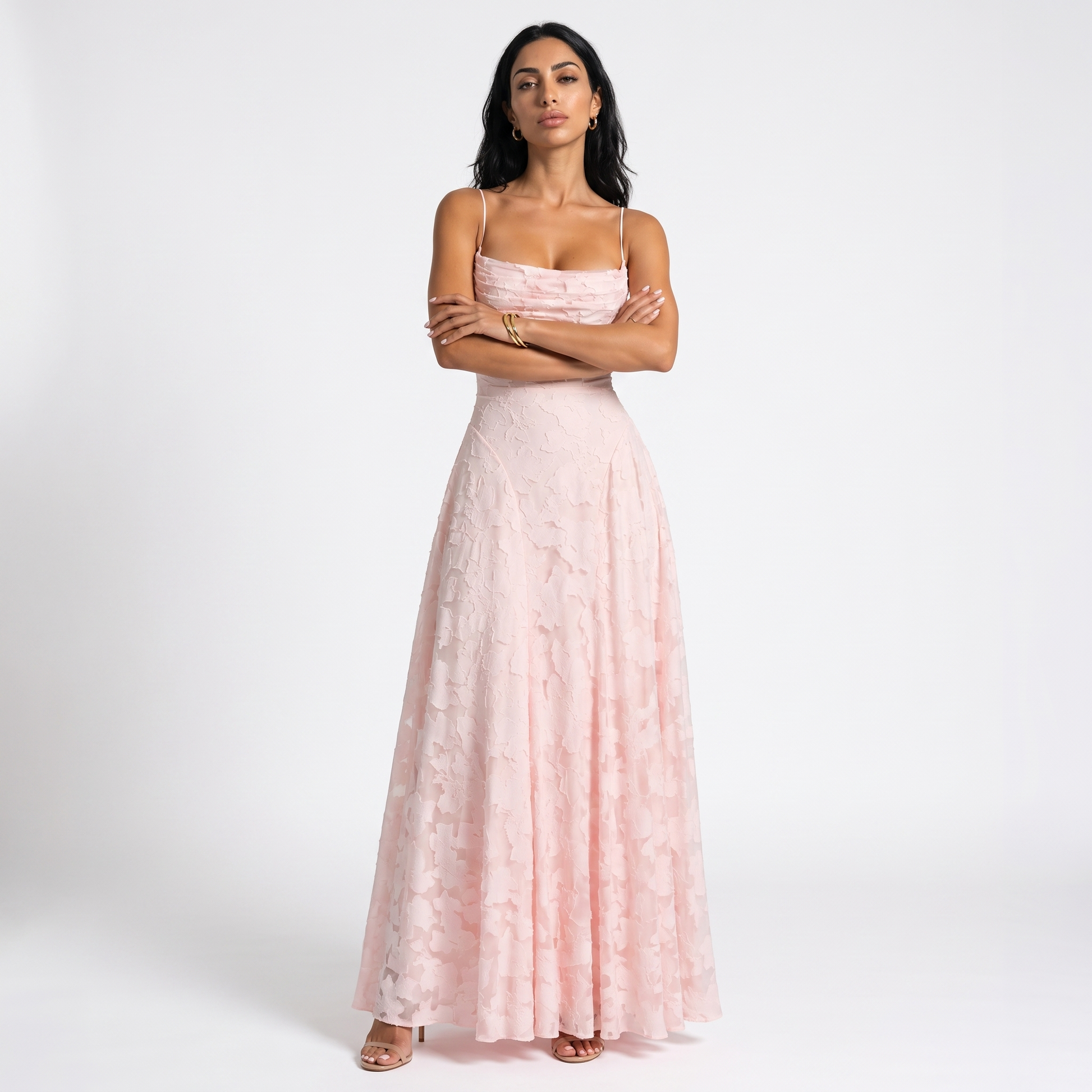 Sunoire aroven blush pink floral ruched maxi dress front hero 01