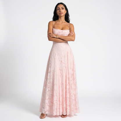 Sunoire aroven blush pink floral ruched maxi dress front hero 01