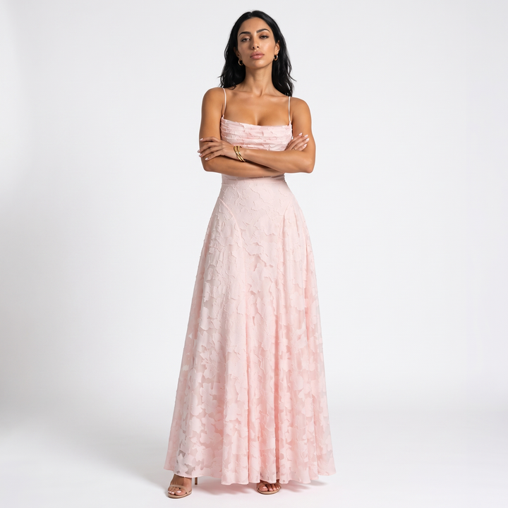 Sunoire aroven blush pink floral ruched maxi dress front hero 01