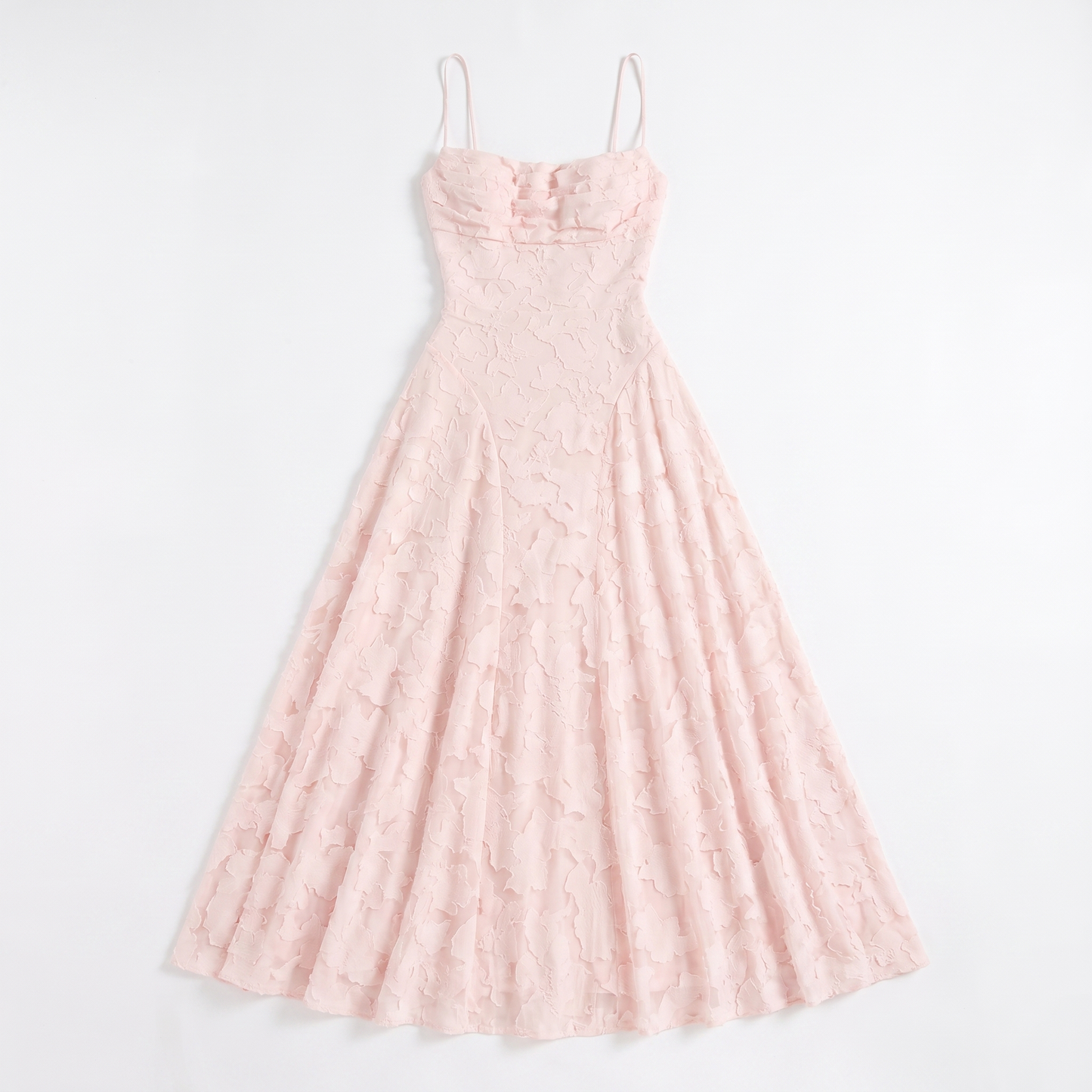 Sunoire aroven blush pink floral ruched maxi dress garment flatlay 01