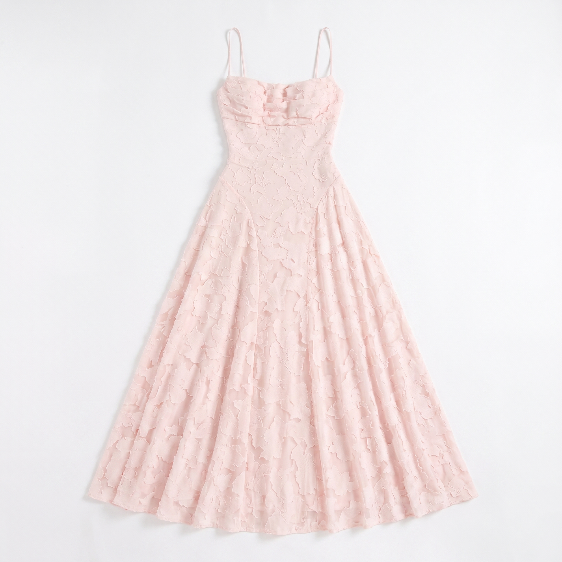 Sunoire aroven blush pink floral ruched maxi dress garment flatlay 01