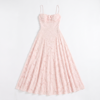 Sunoire aroven blush pink floral ruched maxi dress garment flatlay 01