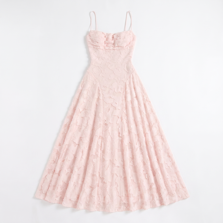Sunoire aroven blush pink floral ruched maxi dress garment flatlay 01