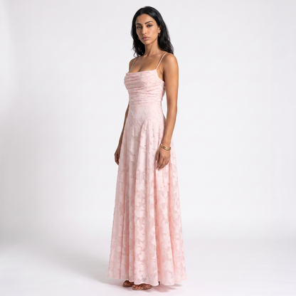 Sunoire aroven blush pink floral ruched maxi dress three quarter 01