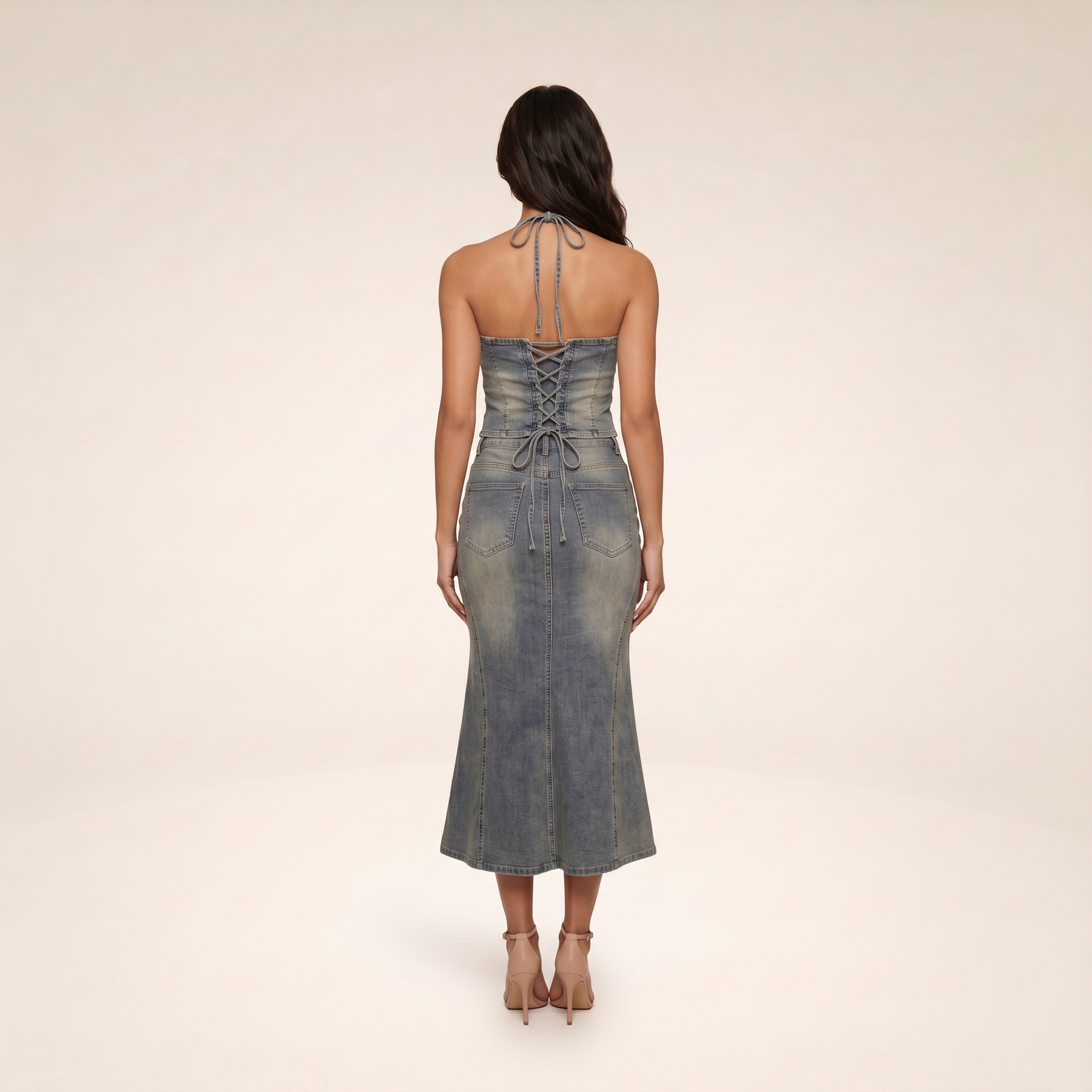 Sunoire aroven halterneck lace up denim skirt set back view 01