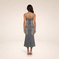 Sunoire aroven halterneck lace up denim skirt set back view 01