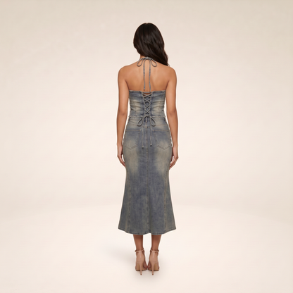 Sunoire aroven halterneck lace up denim skirt set back view 01