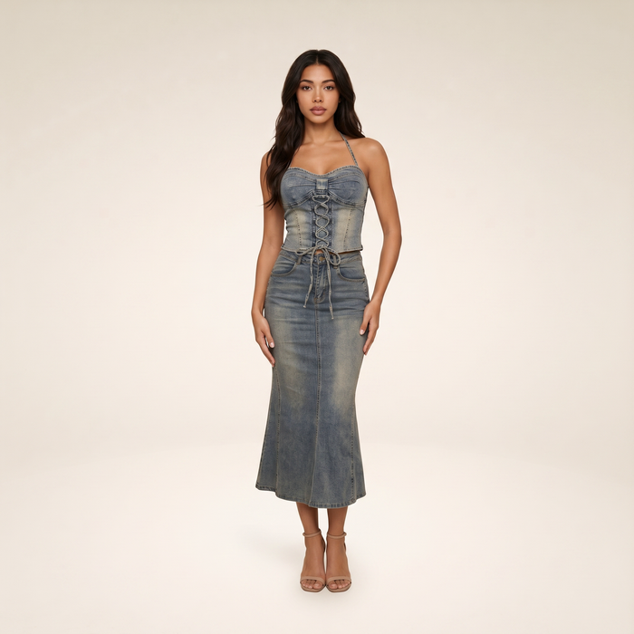Sunoire aroven halterneck lace up denim skirt set front hero 01