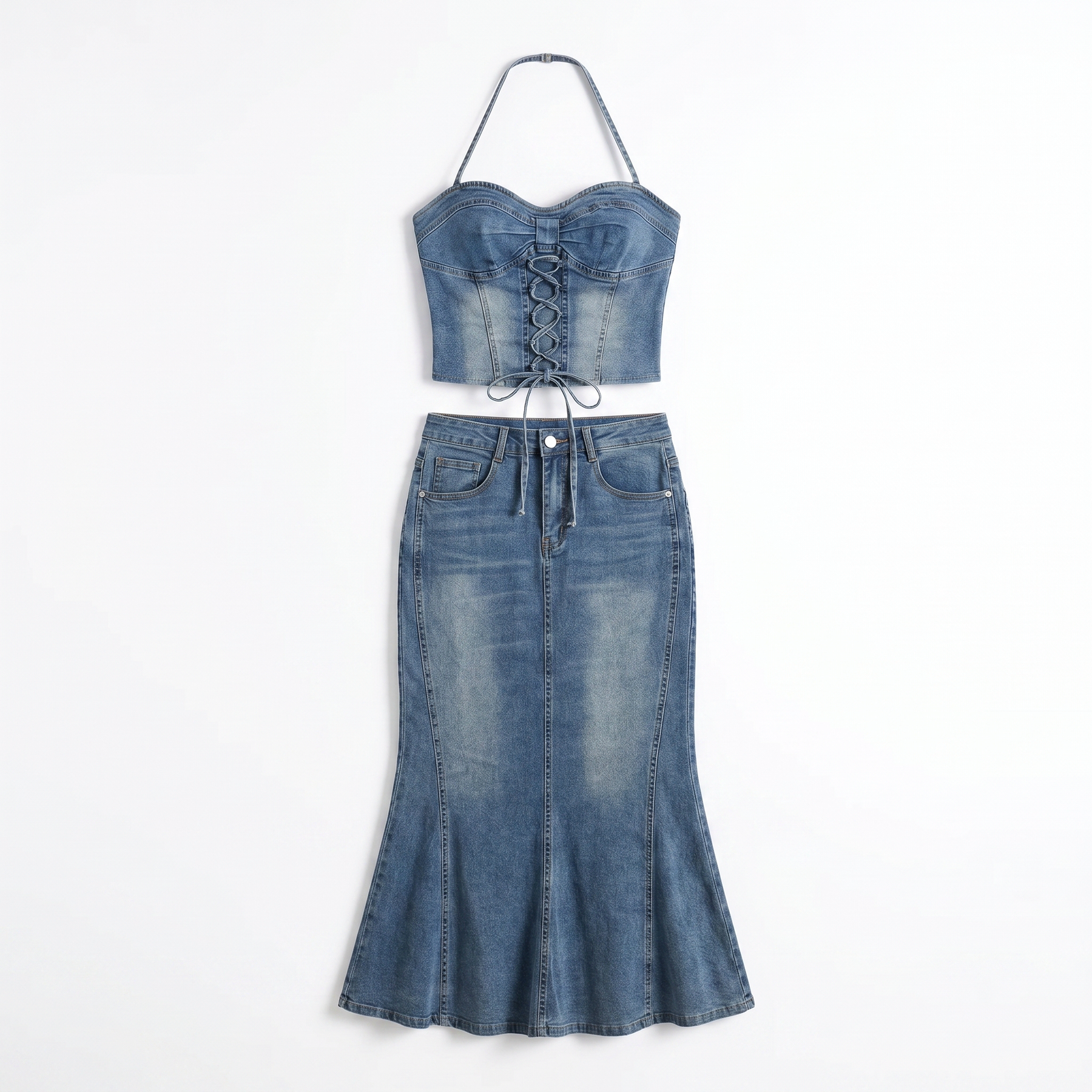 Sunoire aroven halterneck lace up denim skirt set mannequin blue 01