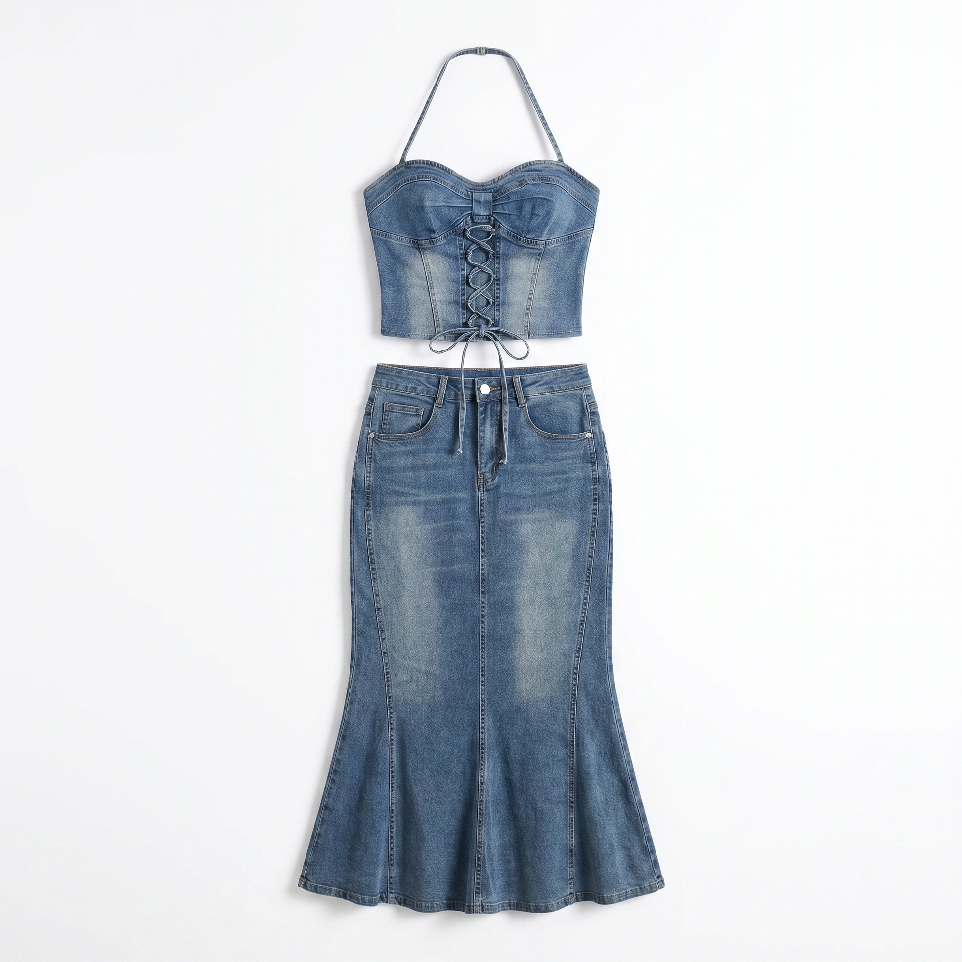 Sunoire aroven halterneck lace up denim skirt set mannequin blue 01