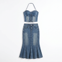 Sunoire aroven halterneck lace up denim skirt set mannequin blue 01
