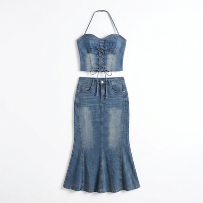 Sunoire aroven halterneck lace up denim skirt set mannequin blue 01