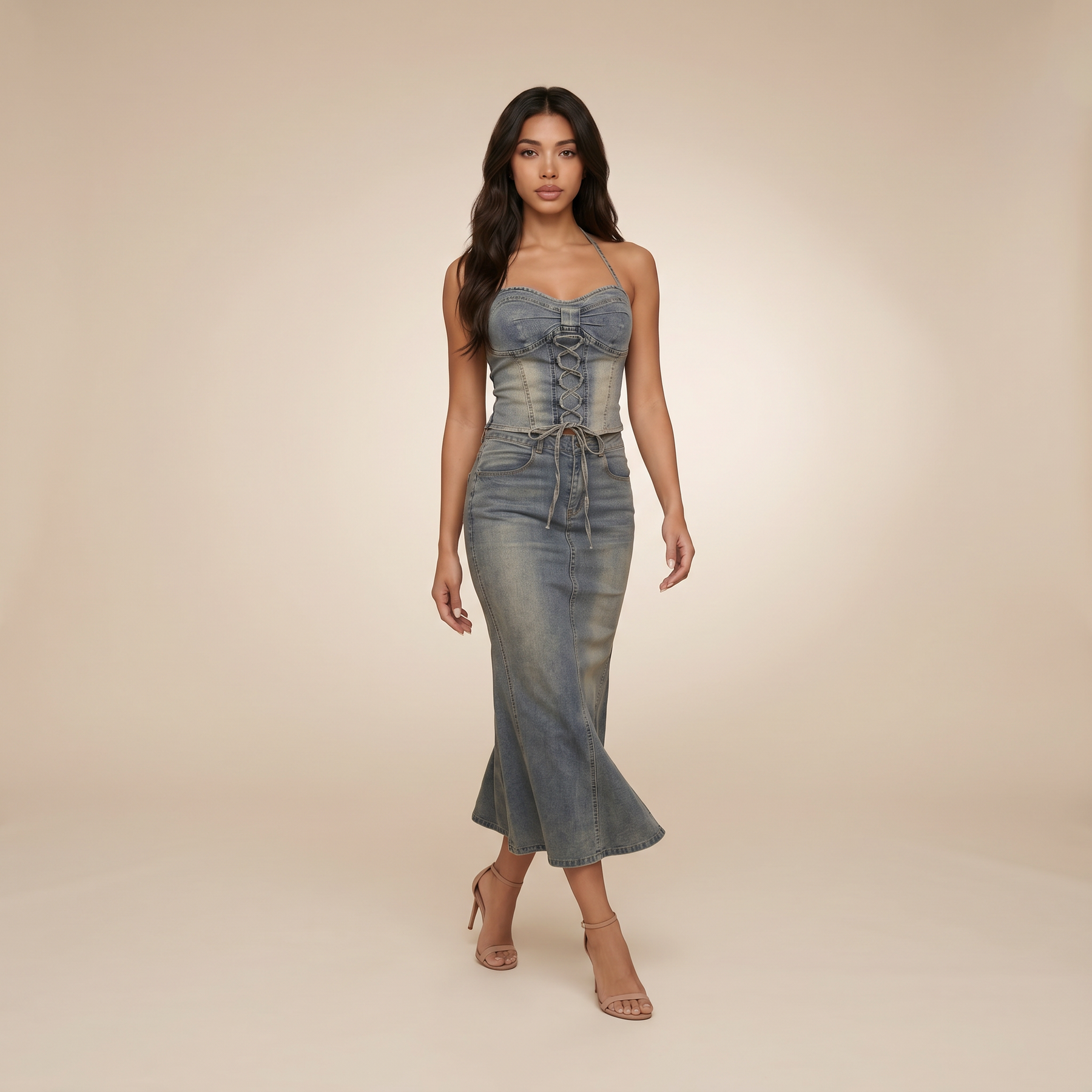 Sunoire aroven halterneck lace up denim skirt set walking 01