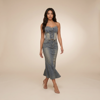 Sunoire aroven halterneck lace up denim skirt set walking 01