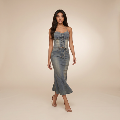 Sunoire aroven halterneck lace up denim skirt set walking 01