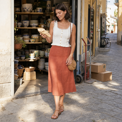 Lace Trim Square Neck Crop Top – Ribbed Knit Button Summer Top — lifestyle photo