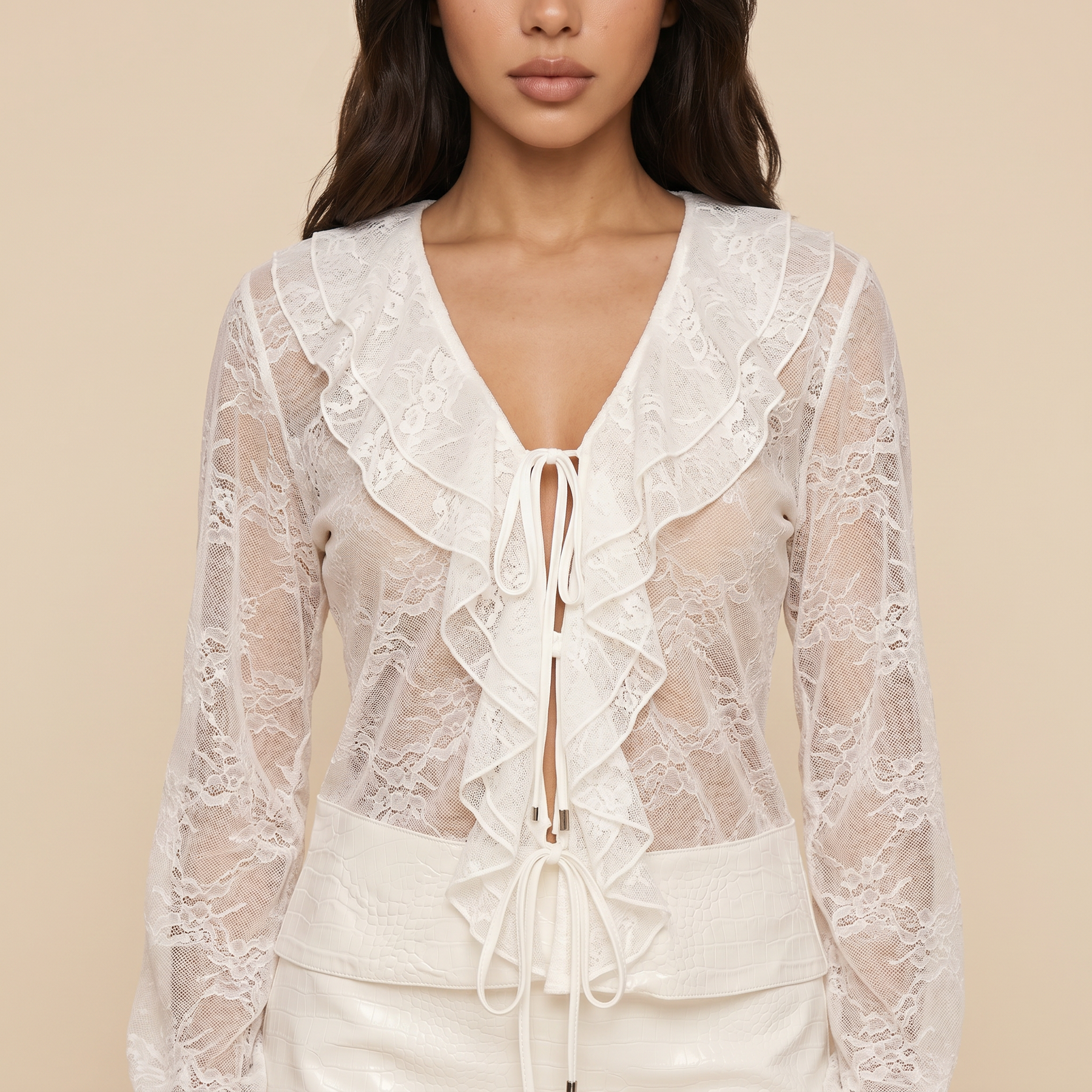 Sunoire aulithra v neck ruffle lace skirt set detail 01