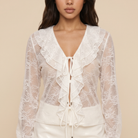Sunoire aulithra v neck ruffle lace skirt set detail 01