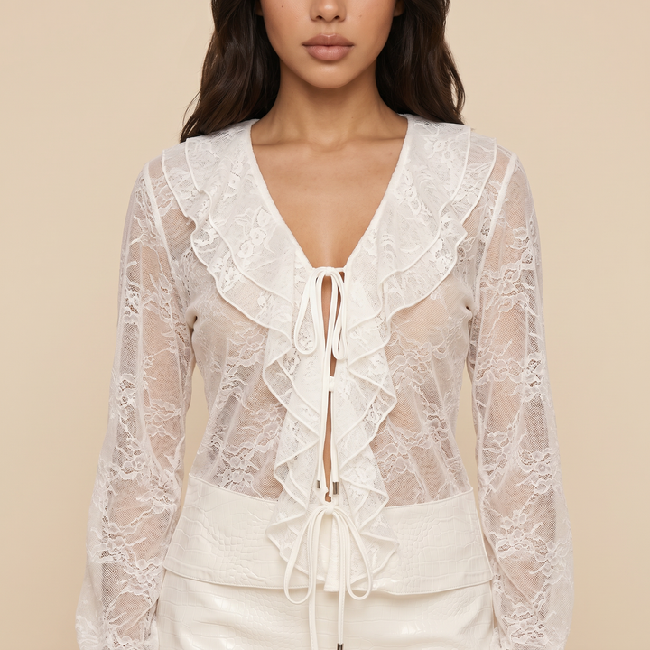 Sunoire aulithra v neck ruffle lace skirt set detail 01