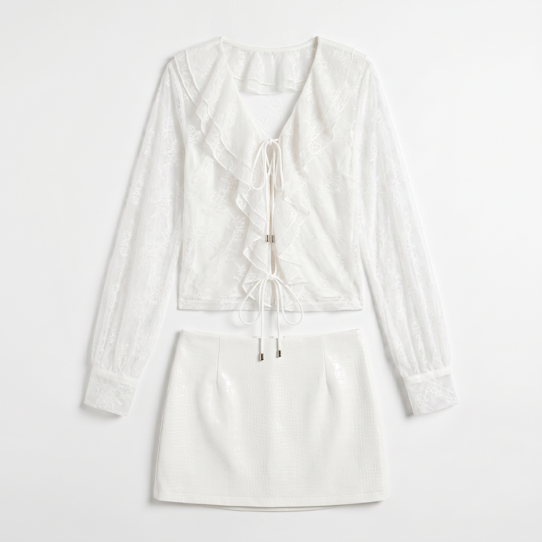Sunoire aulithra v neck ruffle lace skirt set mannequin white 01