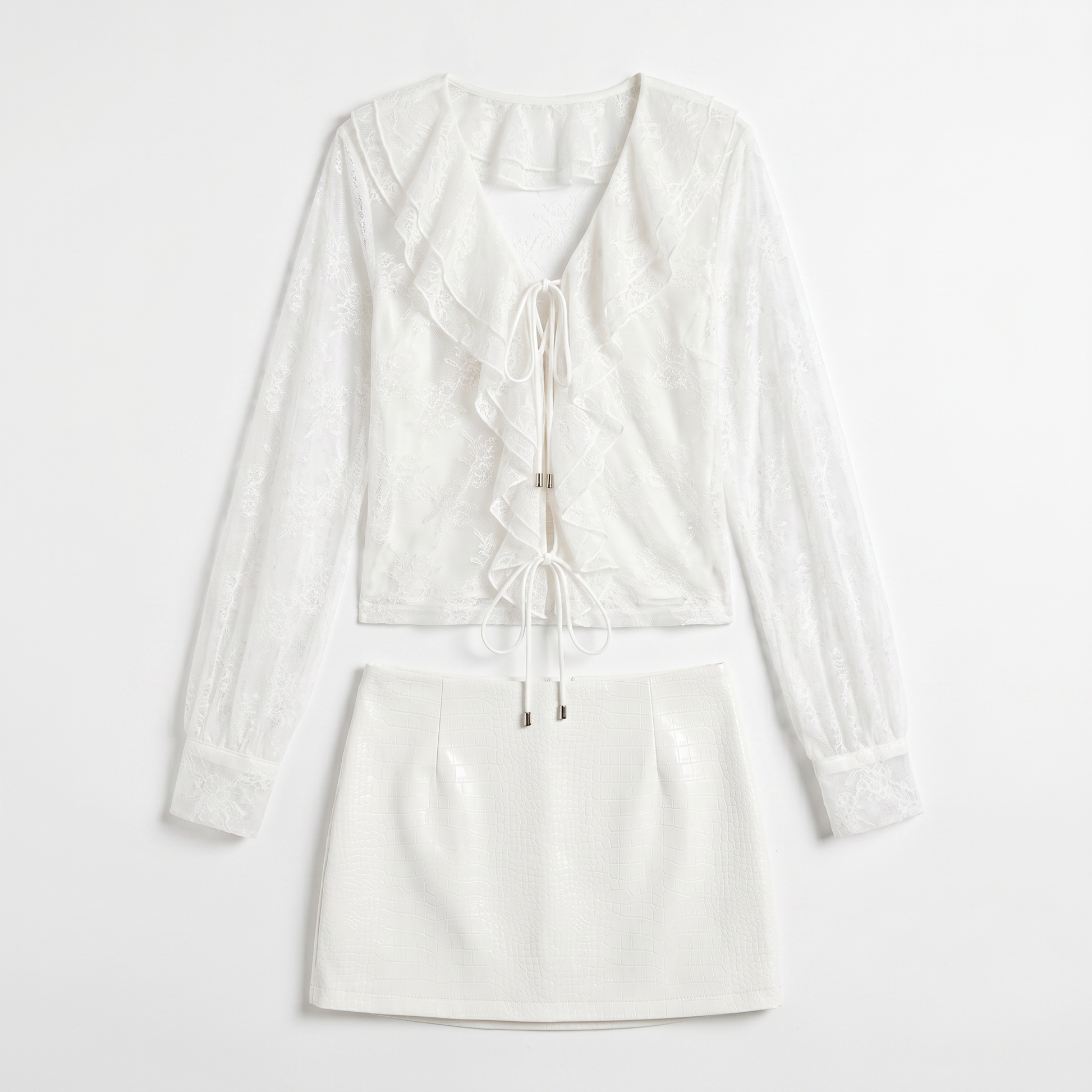 Sunoire aulithra v neck ruffle lace skirt set mannequin white 01
