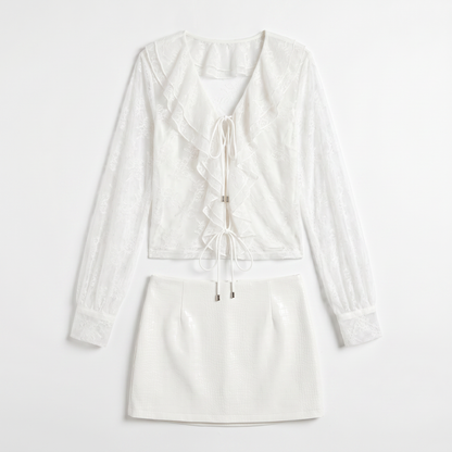 Sunoire aulithra v neck ruffle lace skirt set mannequin white 01