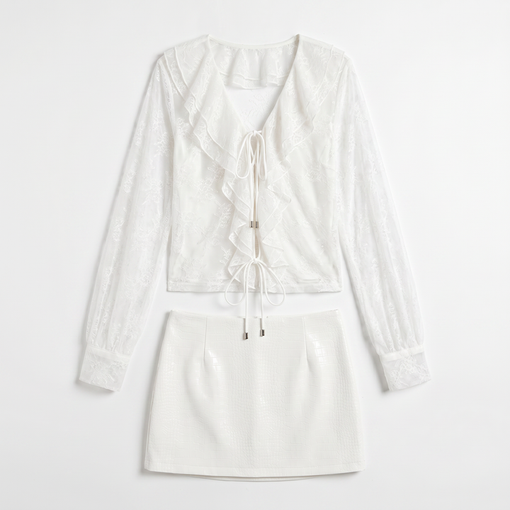 Sunoire aulithra v neck ruffle lace skirt set mannequin white 01