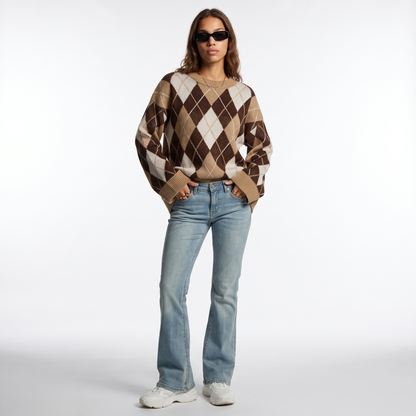 Sunoire autumn casual streetwear knitted diamond shaped long sleeved sweater with round neckline loose cuffs for women front hero 01