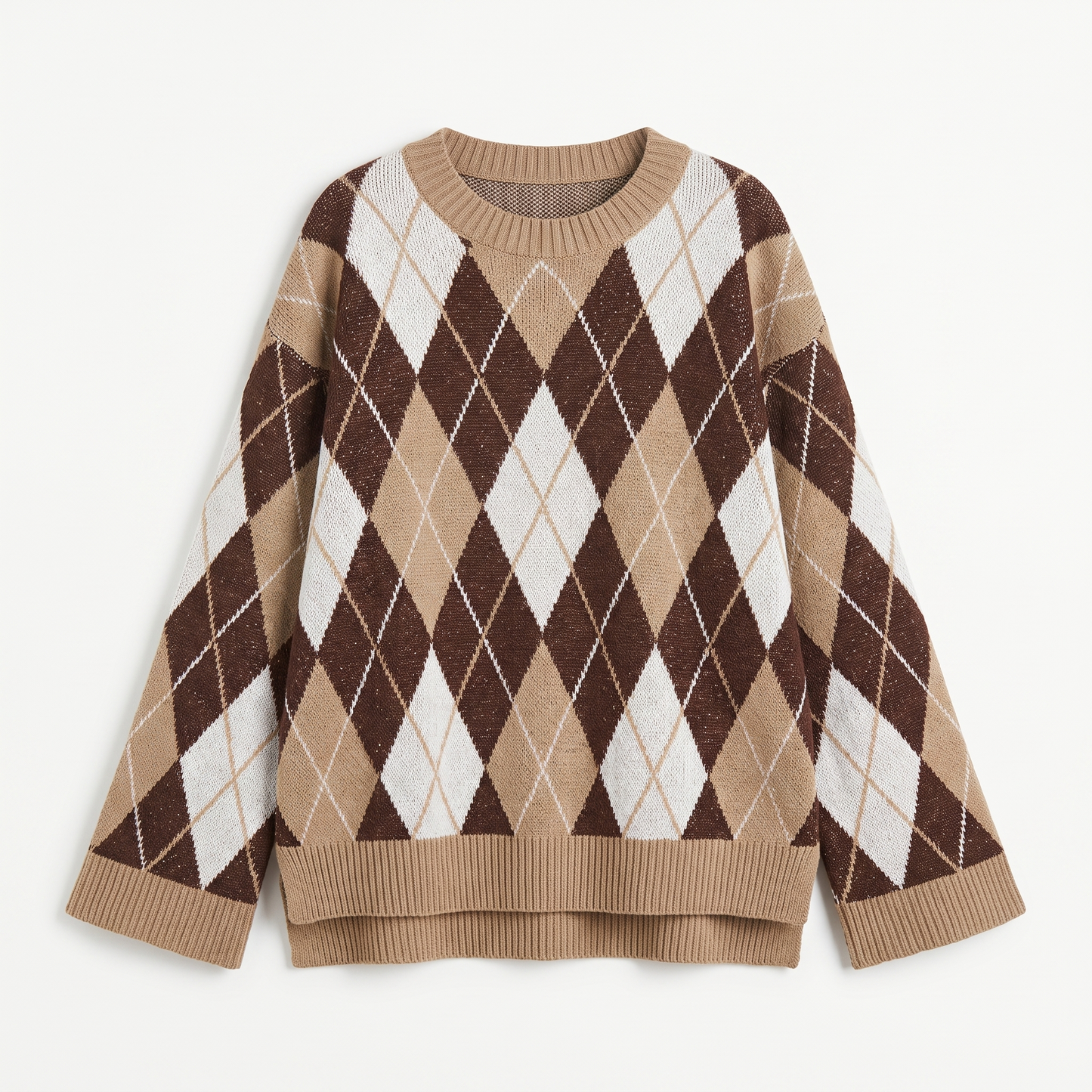 Sunoire autumn casual streetwear knitted diamond shaped long sleeved sweater with round neckline loose cuffs for women garment flatlay 01