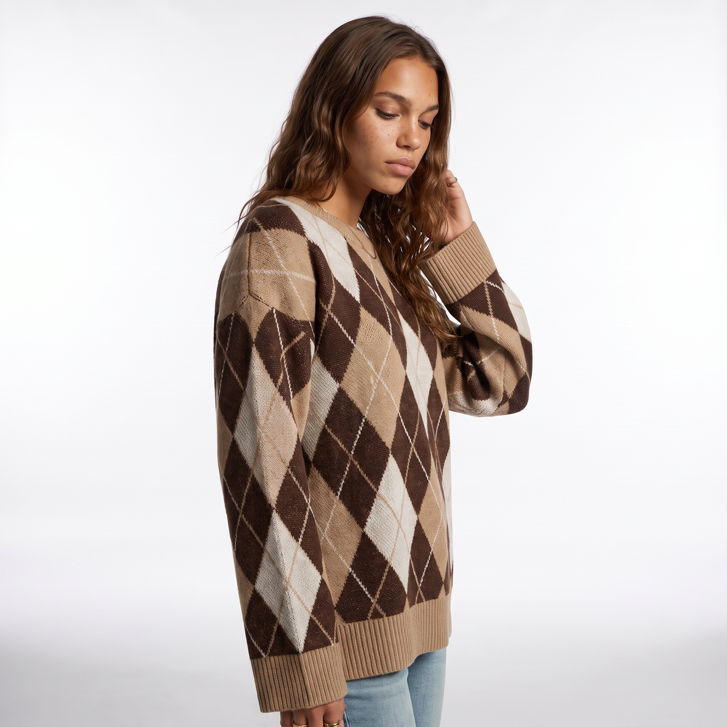 Sunoire autumn casual streetwear knitted diamond shaped long sleeved sweater with round neckline loose cuffs for women top crop 3q 01