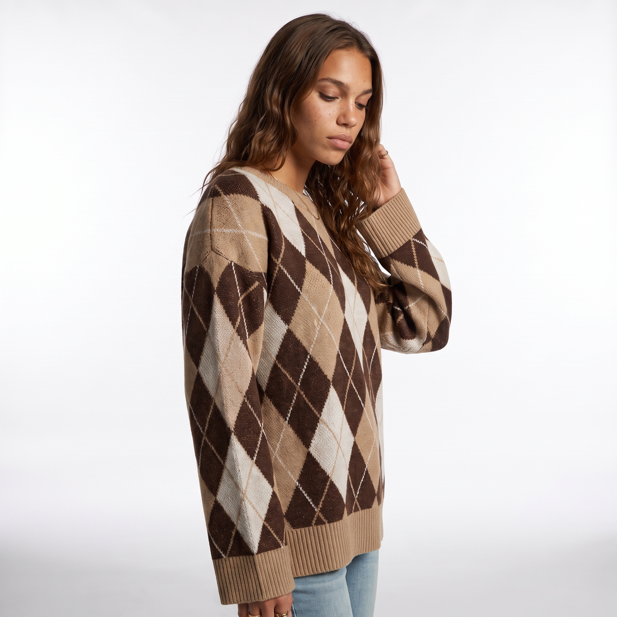 Sunoire autumn casual streetwear knitted diamond shaped long sleeved sweater with round neckline loose cuffs for women top crop 3q 01
