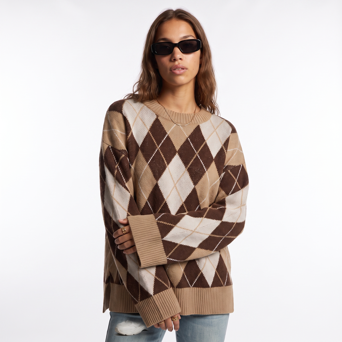 Sunoire autumn casual streetwear knitted diamond shaped long sleeved sweater with round neckline loose cuffs for women top front crop 01