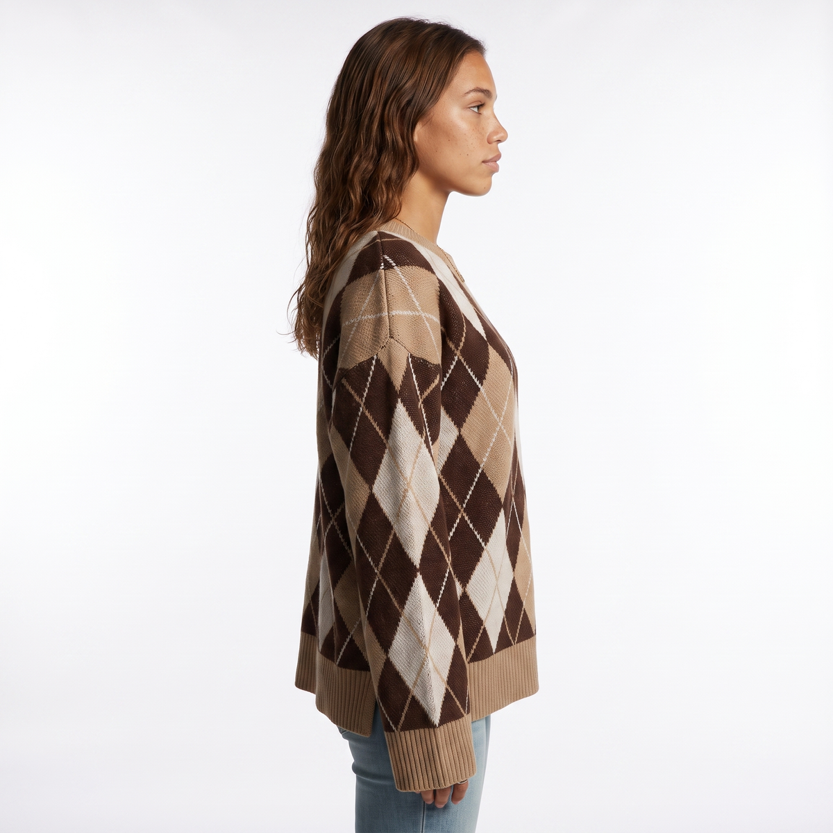 Sunoire autumn casual streetwear knitted diamond shaped long sleeved sweater with round neckline loose cuffs for women top side crop 01
