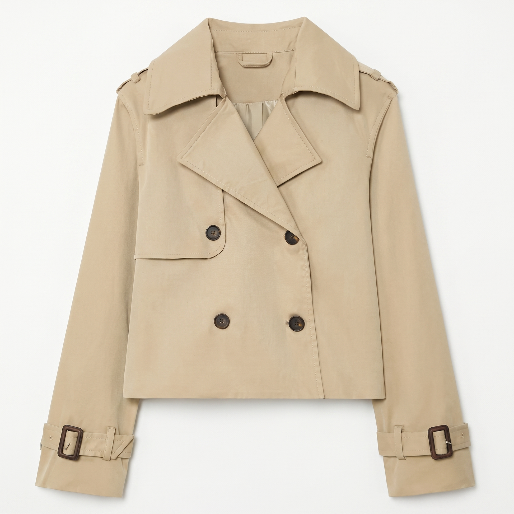 Sunoire autumn fashion ladies jacket with joker design loose lapel and long double breasted casual button polyester lining garment flatlay 01