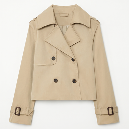 Sunoire autumn fashion ladies jacket with joker design loose lapel and long double breasted casual button polyester lining garment flatlay 01