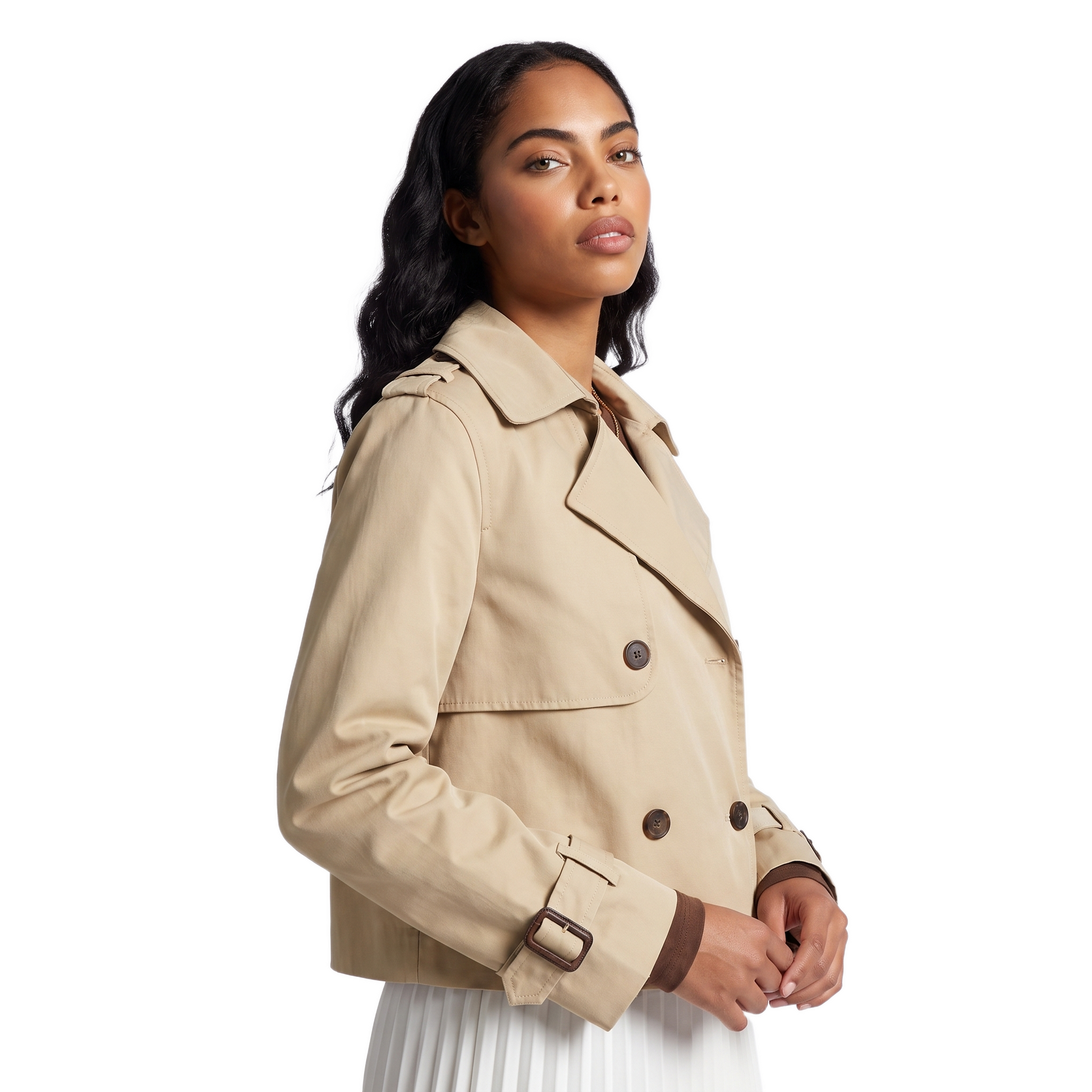 Sunoire autumn fashion ladies jacket with joker design loose lapel and long double breasted casual button polyester lining top crop 3q 01