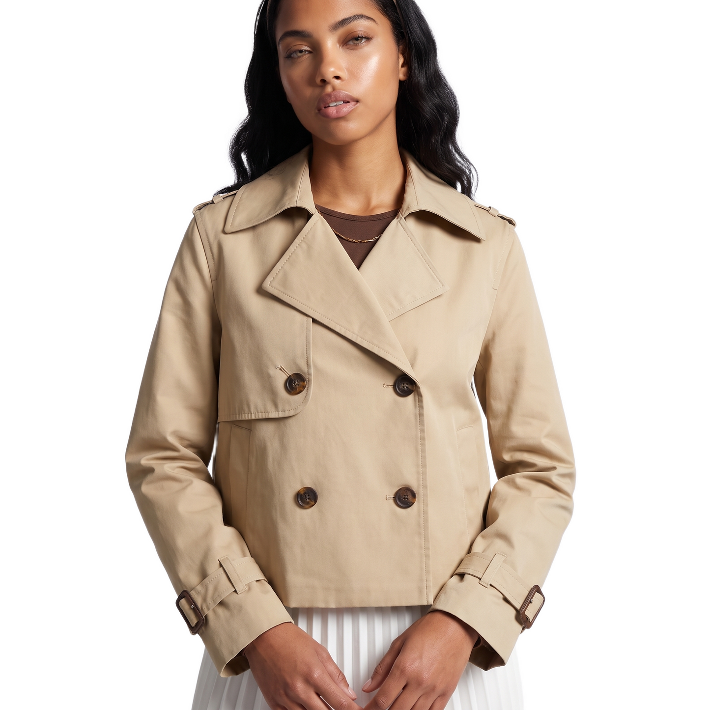 Sunoire autumn fashion ladies jacket with joker design loose lapel and long double breasted casual button polyester lining top front crop 01